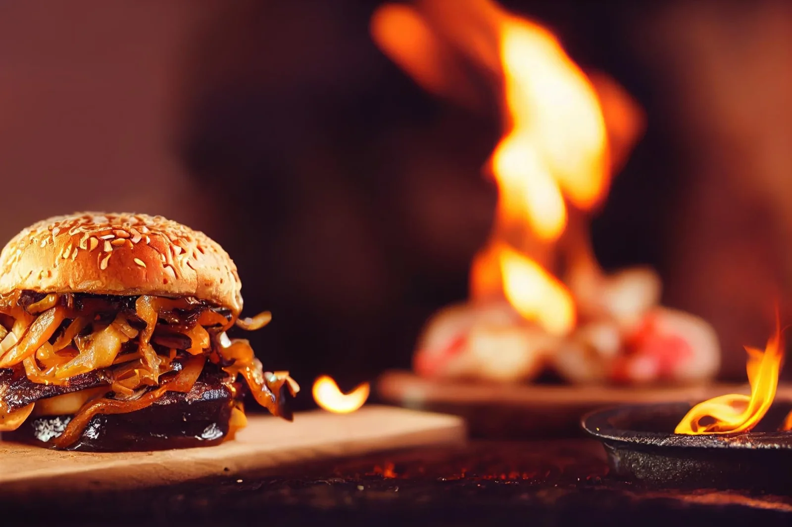 Alevlerin yanında ızgara burger
